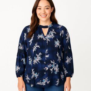 Lane Bryant 14/16 Navy Blue Floral Crinkle Crepe Blouse Keyhole Embroidered Boho